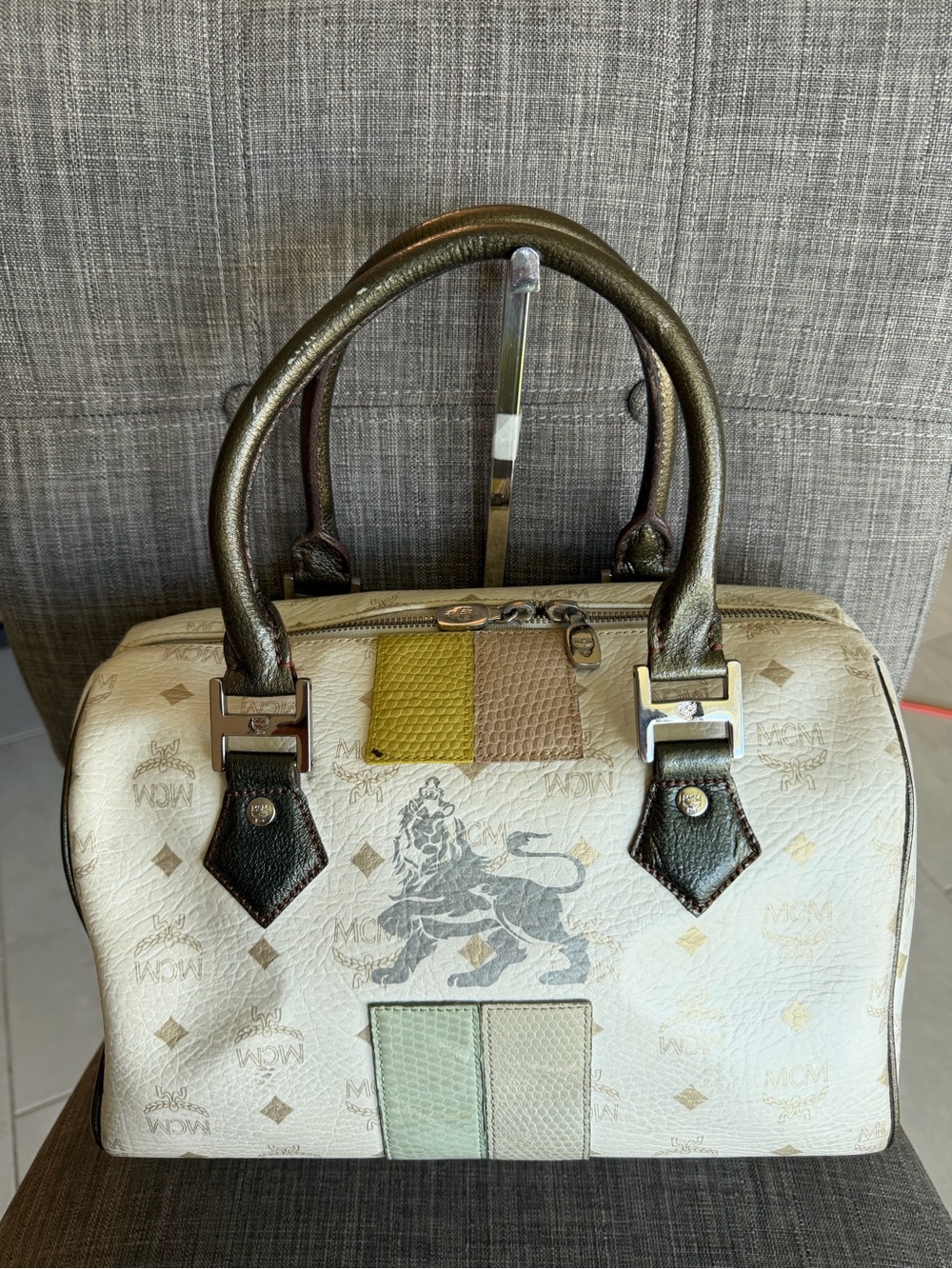 MCM White Leather Satchel with Multicolor Patch Accents